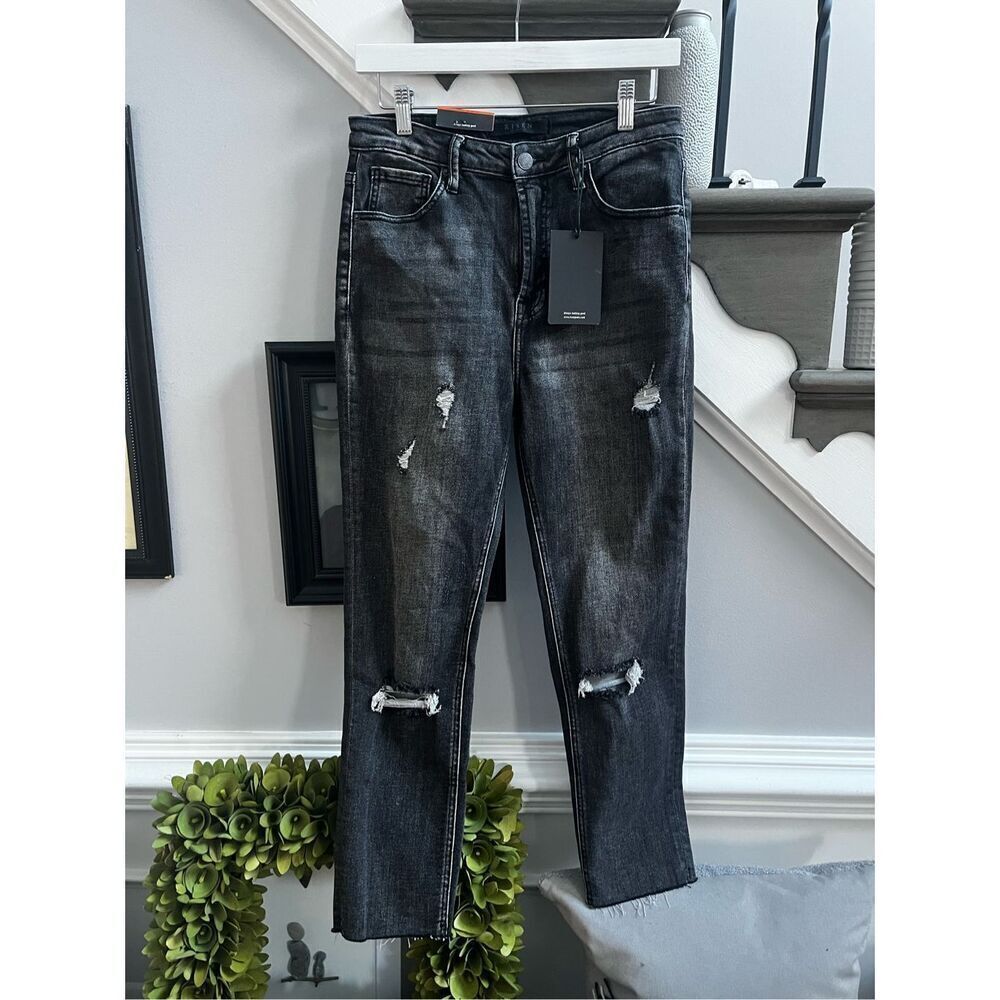 Risen Black Distressed Boyfriend Slim Jeans sz 7 NWT